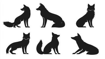 Six fox silhouettes, various poses, white background, wildlife illustration, graphic design