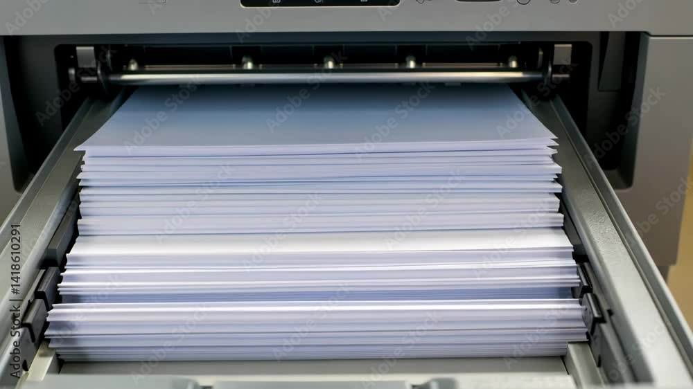 Poster essential office equipment fresh paper and printers for efficient worker tasks in modern workspace