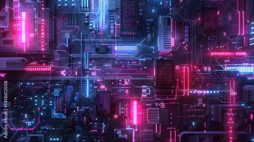 Poster close-up view of a complex circuit board with glowing lights. macro photograph of skyscraper and tow