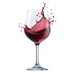 Glass of red wine with splashing liquid captured in motion on dark background isolated on a white background,
