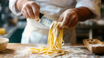 Artisan chef crafting tagliatelle pasta with traditional methods in rustic kitchen
