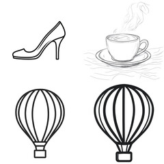 Outlined Pump Shoe, Coffee Cup with Steam, and Two Air Balloons