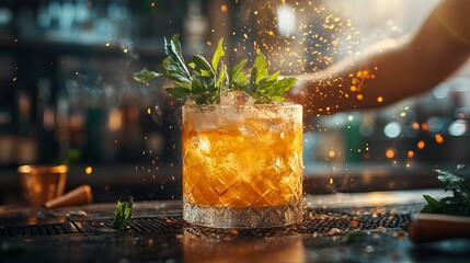 Expert bartender preparing a vibrant cocktail with fresh herbs in a stylish bar atmosphere