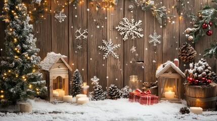 Rustic holiday backdrop featuring Christmas decor and snow on weathered wood