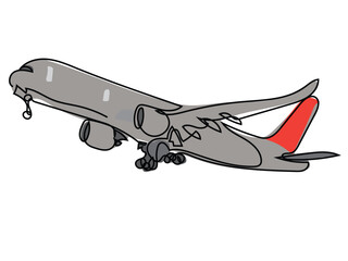 Airplane in continuous line drawing on white background.