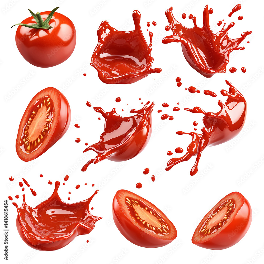 Poster fresh tomatoes with juice splashes on a background isolated on transparent background png