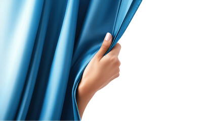 Hand pulling back smooth blue curtain against for themes of discovery and anticipation isolated on transparent background