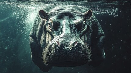 Large hippopotamus swims gracefully underwater in a clear aquatic setting during the day