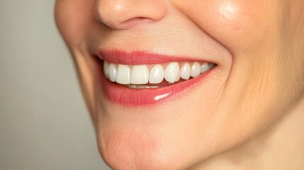 Fototapeta premium Close-up smiling woman's perfect teeth, studio backdrop, dental ad