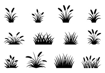 Simple Black and White Grass and Wheat Silhouette Set