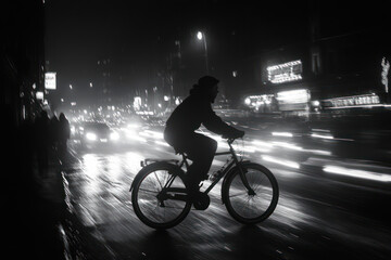 Atmospheric black and white photograph of an urban night scene with a silhouette of a cyclist moving along a wet street. 