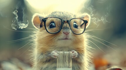 Cute squirrel wearing glasses experiments in a forest setting during golden hour light