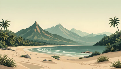 flat mountain landscape in pastel tones, tropical beach with minimal lines, forest scenery in monochrome green, and desert view with soft gradients