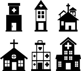 Hospital Building Icons: Diverse Designs for Medical Logos & Websites