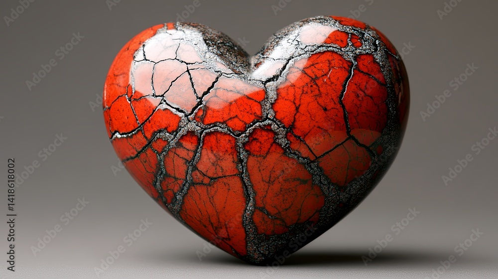 Poster heart-shaped stone in vibrant red and black with intricate cracks displayed on a neutral background