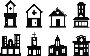 Hospital Building Icons: Diverse Designs for Medical Logos & Websites