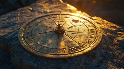 Fototapeta premium A detailed view of a traditional sundial, its brass structure glowing under the bright sunlight, casting a precise shadow on a stone surface.