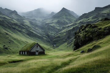 Obraz premium Scenic Icelandic Turf-Roofed Cottage Nestled in Lush Green Hills under Cloudy Skies