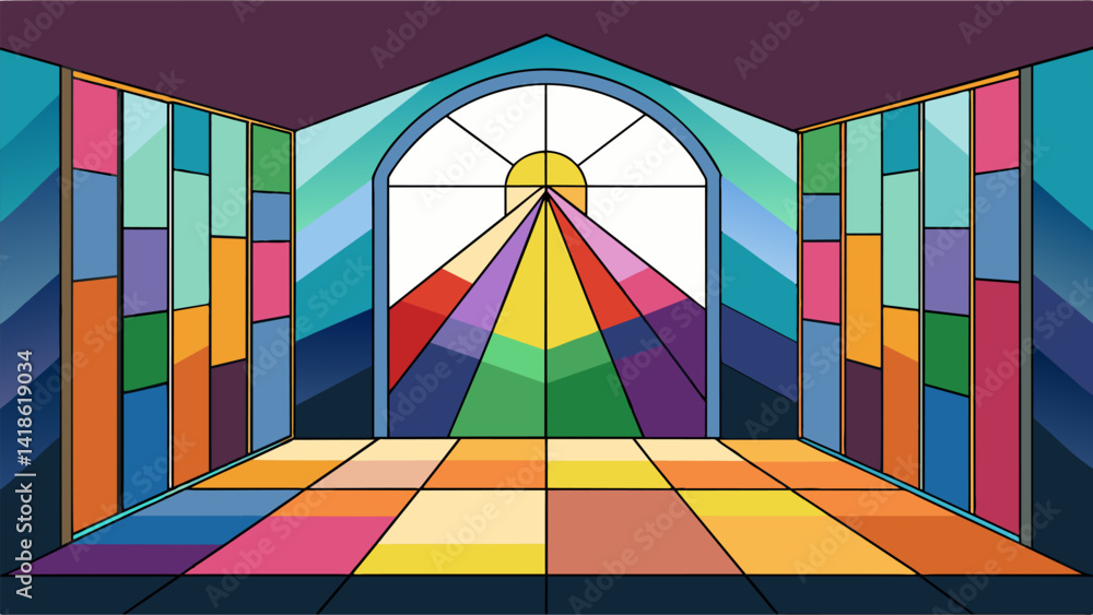 Poster a stained glass partition in a yoga studio filtering the sunlight into a spectrum of colors to creat