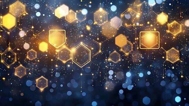 A digital abstract design featuring glowing hexagons and interconnected lines.