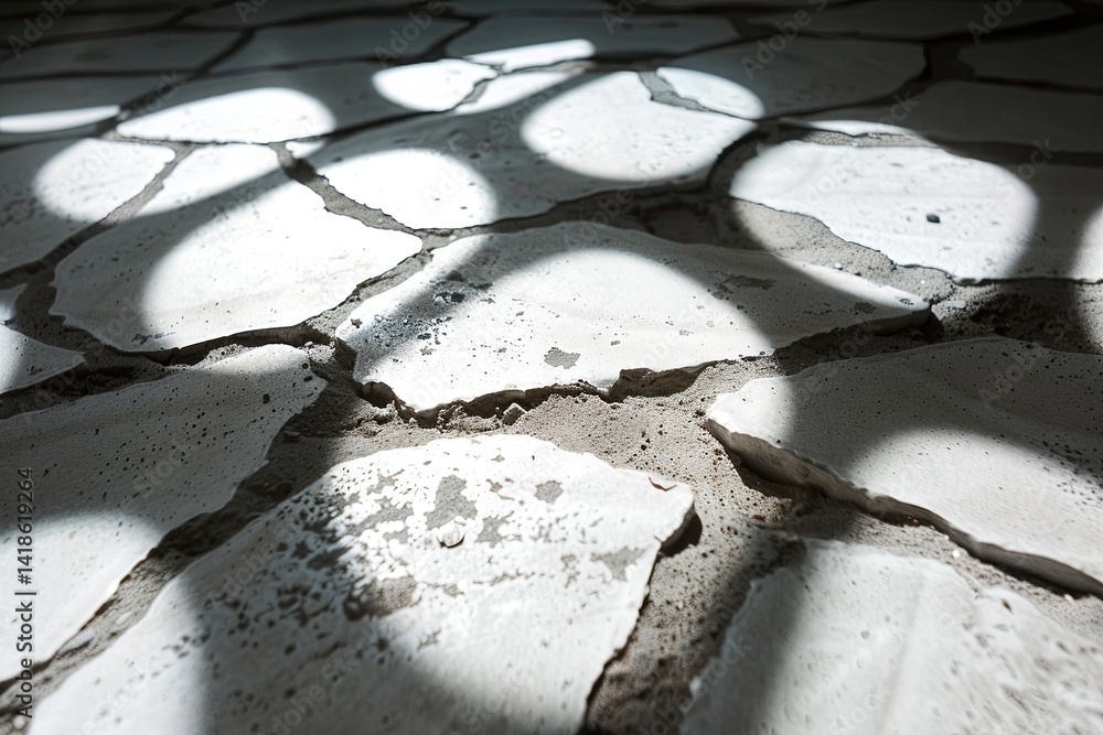 Poster light patterns create intriguing shapes on cracked white tiles in an indoor setting during daylight 
