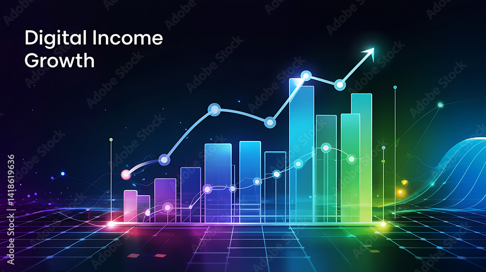 Poster digital income growth chart with arrow and bar graph on abstract grid, representing financial succes