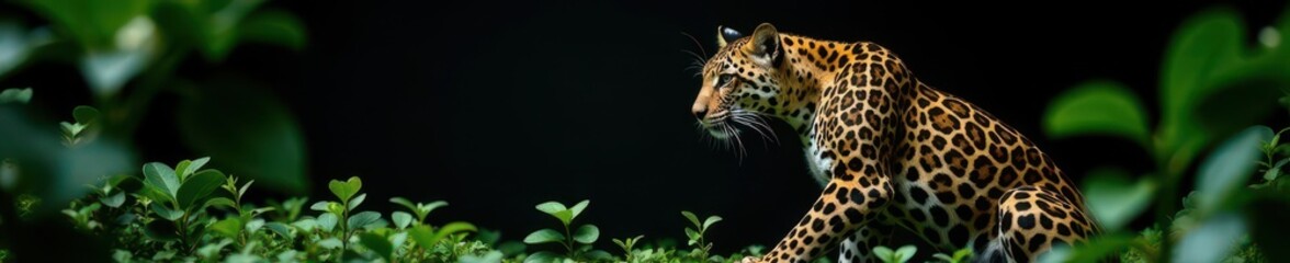 Naklejka premium Sleek leopard, lush green foliage, black backdrop, black background, foliage, background