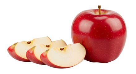 A glossy, red apple with slices set against a black background, showcasing the vibrant color and deliciousness of fresh produce.