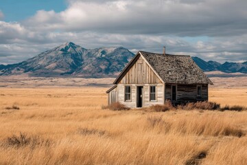 Rustic Frontier-Style Cabin in Desolate Terrain with Weathered Wood Exterior and Mountain Backdrop