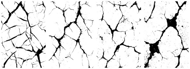 Cracked Grunge Texture Set, Distressed Black and White Vector Backgrounds for Overlay and Design