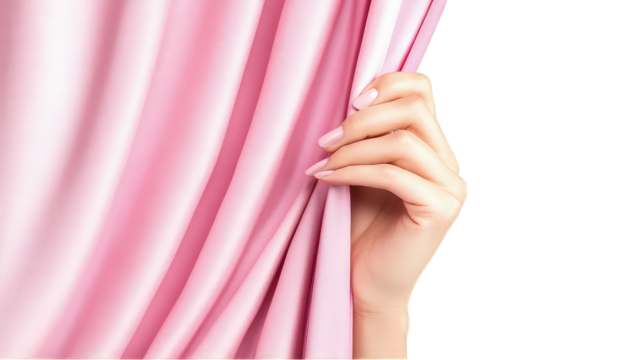 Hand pulling back smooth pink curtain against for themes of discovery and anticipation isolated on transparent background
