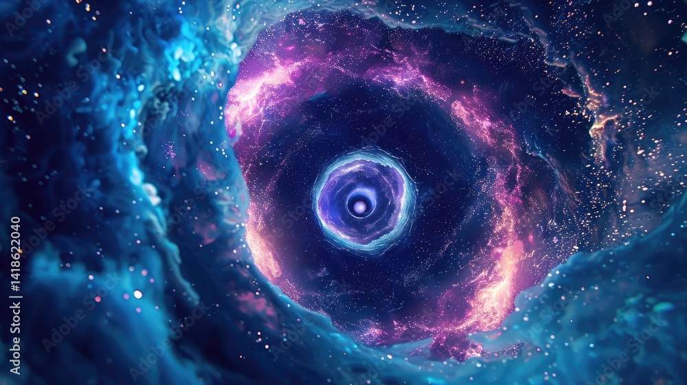 Poster an abstract blue spiral design depicting a cosmic space pattern filled with vibrant colors and ether