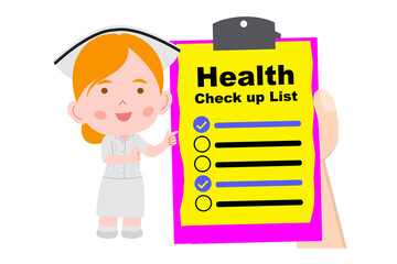 Cartoon picture of hand holding clipboard showed health check list form on clipboard with nurse.