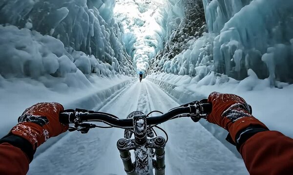 Winter bike ride through icy tunnel. First-person view of handlebars and snow-covered path