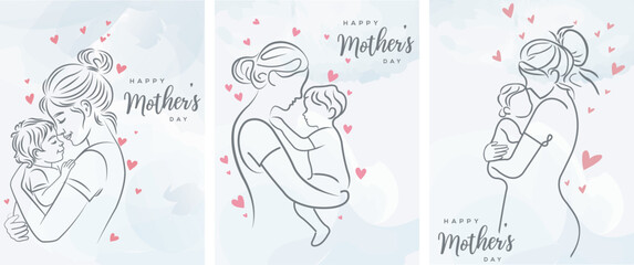 Mother's Day greeting card. Vector banner illustration, poster, flyer, clip art, graphic. Mother and baby line art. Happy Mother's Day card.