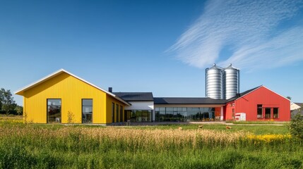 Obraz premium Rustic Farm Barn with Silos and Golden Grain Fields