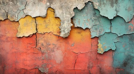 Obraz premium Peeling paint reveals layers of faded colors on a weathered wall.