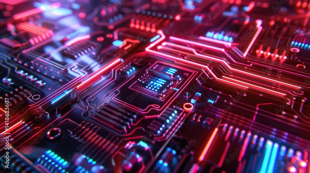 Poster close up of a circuit board with neon lights. macro photography of motherboard or microchip or elect