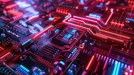 Obraz premium Close up of a circuit board with neon lights. Macro photography of motherboard or microchip or electrical circuit with gradient pink and purple glowing neon light. Digital artwork for design. AIG53.