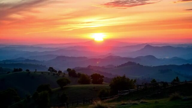 Cinematic Sunrise Over Rolling Hills with Dewy Grass and Soft Mist