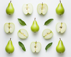 Fresh Green Pears Arranged with Slices and Leaves on White Background