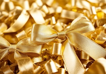 Golden Ribbons and Bows Close up Texture and Festive Detail