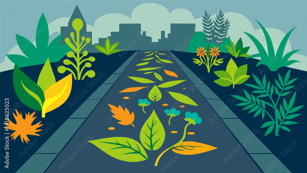 Poster a street art installation using stencils of herbal illustrations spraypainted onto sidewalks and wal