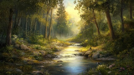 Obraz premium Enchanting woodland stream artwork with dappled sunlight and lush vegetation scenery