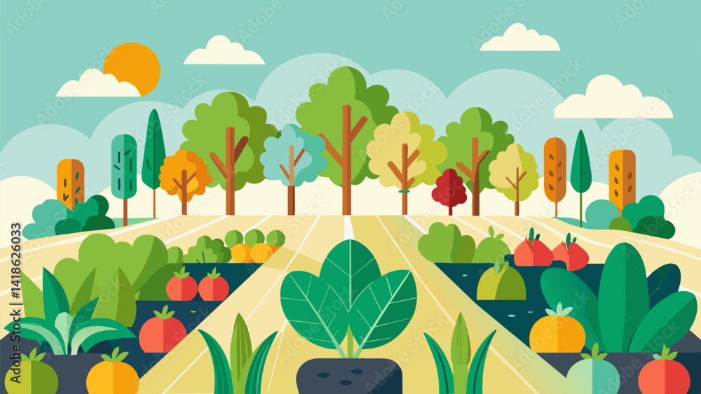 Aufkleber a diverse array of crops grow alongside each other on a small farm utilizing companion planting tech