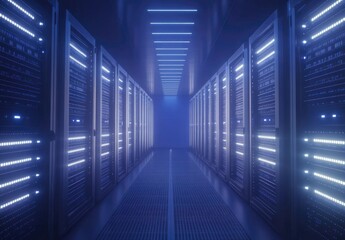 Fototapeta premium Symmetrical server corridor with cool blue lighting and metal grates, evoking a sleek, high-tech environment. Ideal for cloud systems, AI data centers, and cybersecurity themes