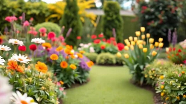 Cinematic Pathway Through Vibrant Garden in Full Bloom with Gentle Sunlight