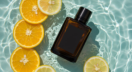 realistic glass product bottle floating in water with orange slices in the background in orange and blue colors