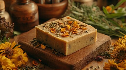 Handcrafted soap with dried flowers and herbs on wooden surface in rustic setting
