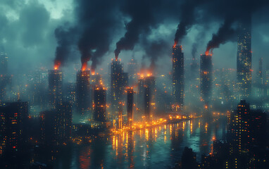 Futuristic city with industrial smoke and pollution during sunset
